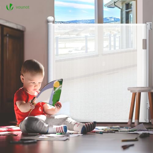 VOUNOT Treppenschutzgitter Türschutzgitter Ausziehbar 0-180CM, Kinderschutzgitter Absperrgitter Baby, Schutzgitter Treppe, Treppenschutzrollo für Kinder, Katzen und Hunde, Weiß