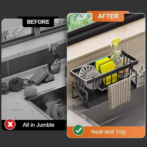 Image of Zentro Kitchen Sink Organizer with Drain Tray, Rust Proof Metal Sponge Holder for Sink, Kitchen Countertop Caddy for Dishwashing Liquid Brush Towel Storage, Bathroom Use