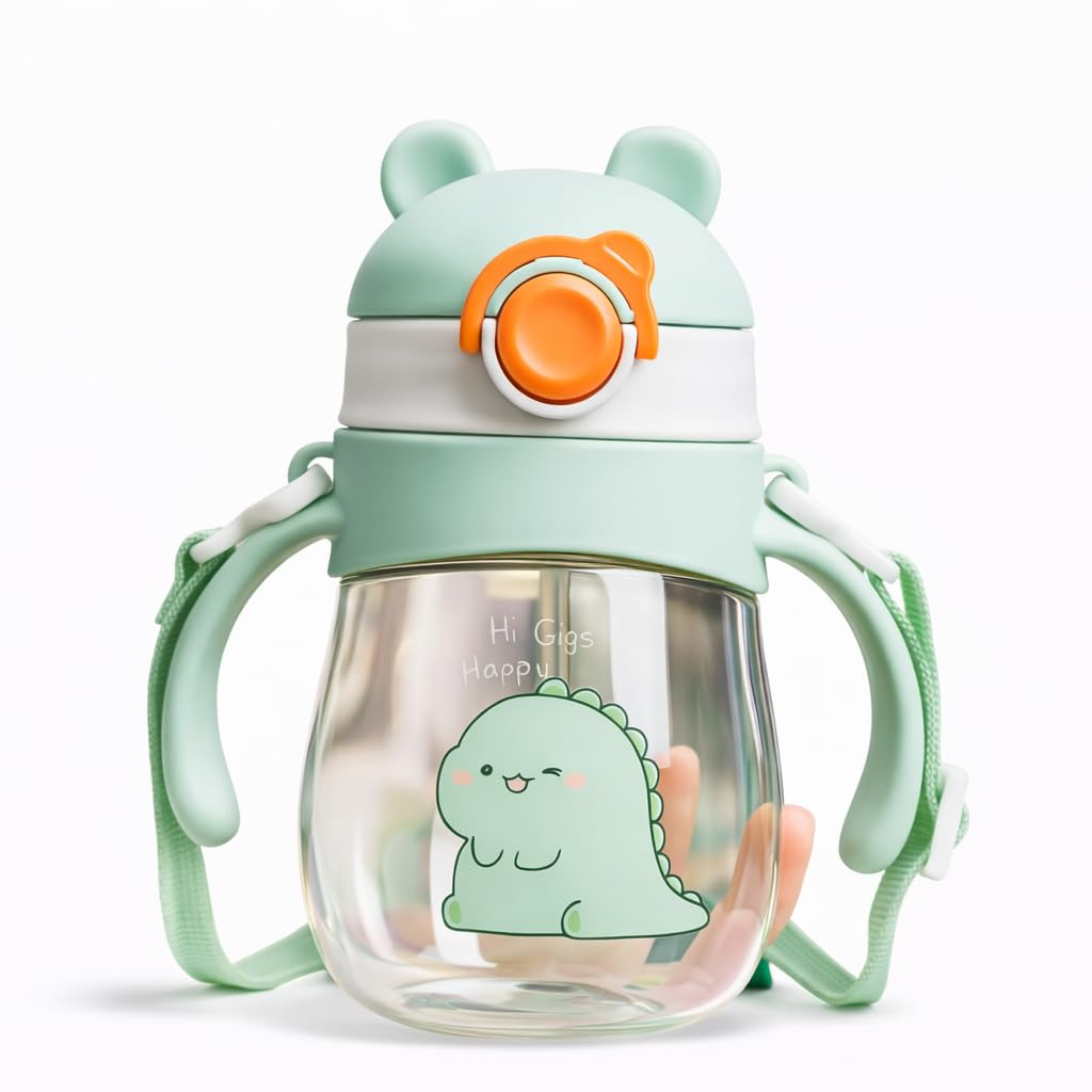 Sweetly Pie Kids Sippy Cup with Straw & Handles, 300ml (Green) | Bear Ear Lid Design, Adjustable Shoulder Strap, One-Press Button Cap, Dual Grip Handles, 6 inch Tall-picture-35