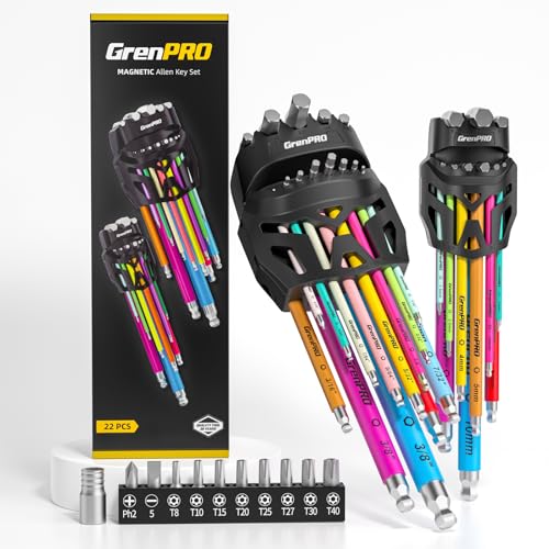 GRENPRO Allen Wrenches Sets, Hex Key Set, 33pcs Allan Wrench Sets Metric And Standard & SAE Color Coded Bike Wrench Tools Organizer With Bit Set And Adapter, Long Large Small Ball End Allen Wrench Set