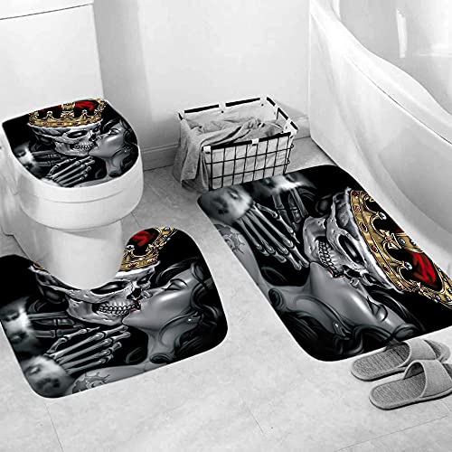 ZDDWLDL 4Pcs Duschvorhänge Set Mit Rutschfesten Teppichen,Toilettendeckel und Badematte Schwarzgraues… – Bild 3