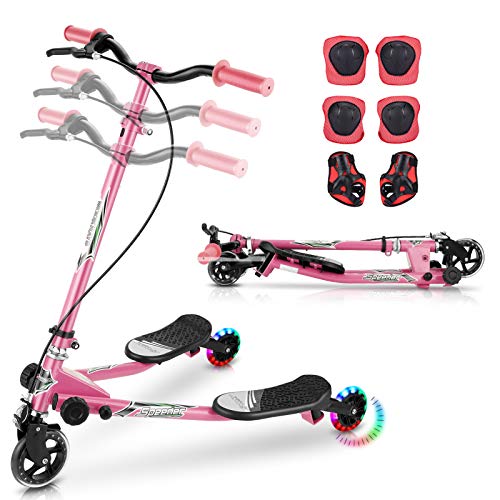 HIFRRUY Wiggle Scooter for Kids, 3 Wheels Swing Scooter - Folding, Adjustable Handlebar, LED Light-Up Scooter with Protective Gear Set (Pink)