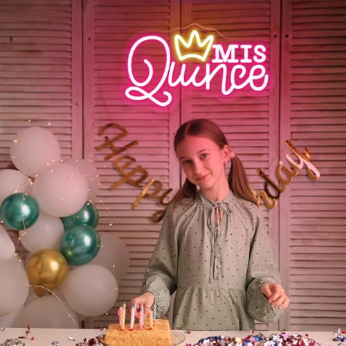 Image of Mis Quince Neon Sign for Wall Decor, Dimmable LED Sign Neon Lights for Bedroom Quinceanera Christmas Birthday Party Room Decoration Gift for Girl Kid lover 15.7 * 9 Inch
