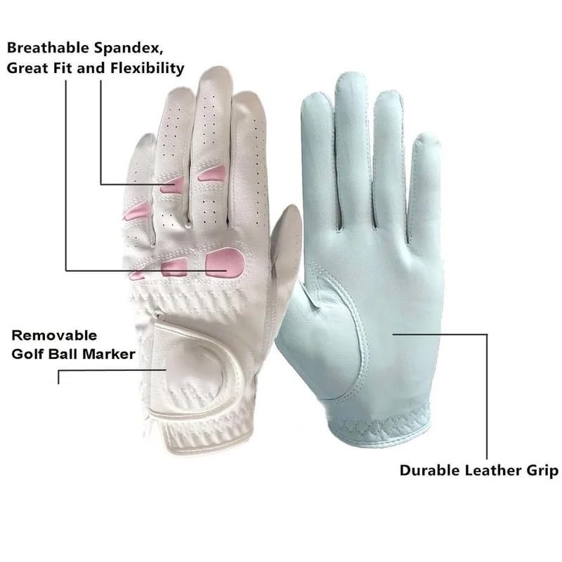 Guanti Golf 2 Pezzi Guanti da Golf in Pelle da Donna Mano Sinistra Destra Rosa Adatti for Ragazze golfiste Guanto Golf(1 Pair,Medium)