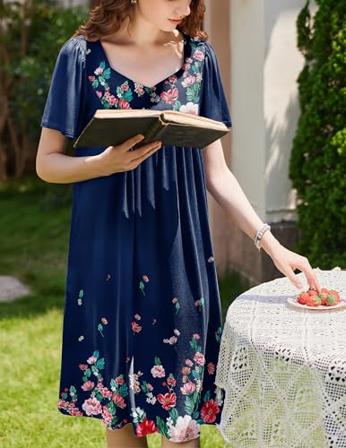 Image of Ekouaer Women's House Dress - Pleated Nightgown with Short Sleeves & Pockets