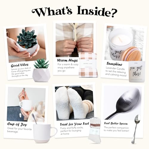 lovebug Get Well Soon Gift Basket for Women – After Surgery Gifts, Feel Better Care Package with Blanket, Candle, Socks, Mug, Spoon, Succulent – Thinking of You