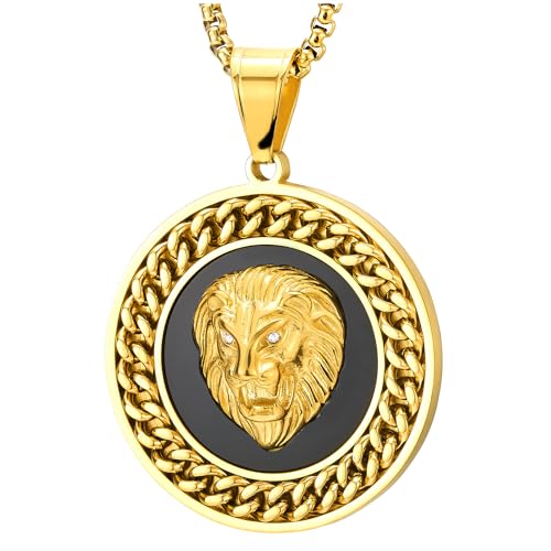 Collier avec pendentif homme en acier doré gourmette lion et pierre onyx