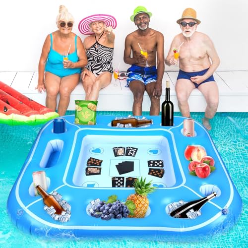 Large Floating Pool Games Table with Waterproof Playing Cards Pool Accessories Hot Tub Tray Card Table Tray Inflatable Food Drink Holder Cooler Containers for Beach Summer Party Indoor Outdoor Pool