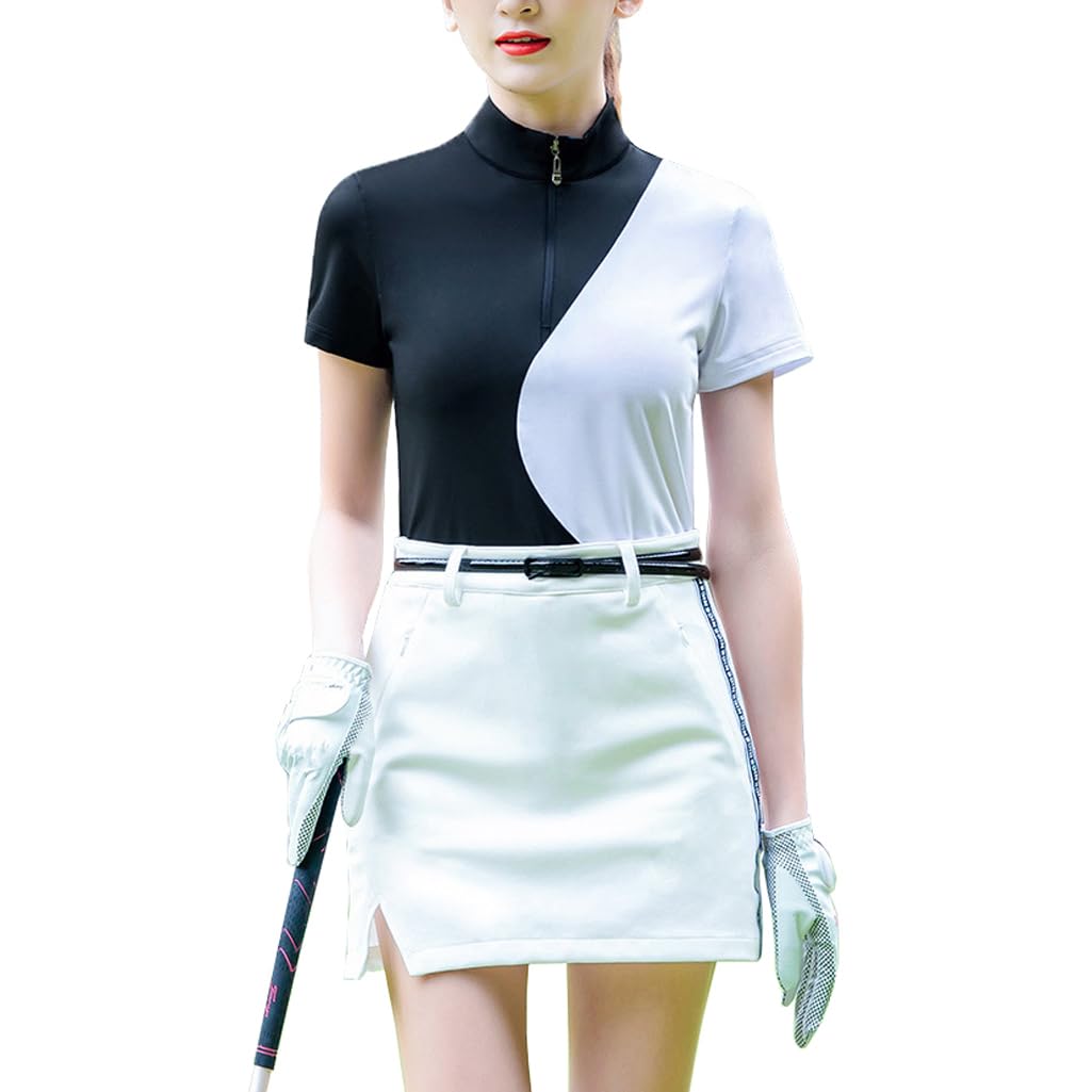 LANGWEI T-Shirt Polo da Golf da Donna Manica Corta Colletto Rialzato con Cerniera Abbigliamento Sportivo Ad Asciugatura Rapida