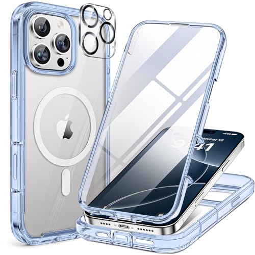 Image of Miracase Magnetic for iPhone 16 Pro Case Full-Body Phone with Built-in Glass Screen Protector, [Compatible with MagSafe] Military Drop Proof 16 Pro Cover Bumper 6.3 inch, Clear Blue