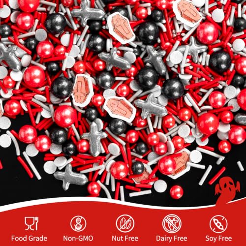 Image of Halloween Edible Sprinkles,Confetti Mix,130g Red Black Silver Sugar Sprinkles with Tombstone Shapes,Jimmies and Sugar Pearls,Food Grade Baking Toppings for Halloween Party,Cake,Cupcake,Cookie, ce Cream,Dessert Decoration