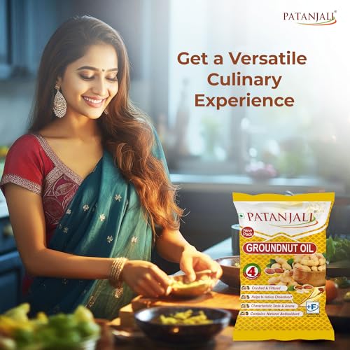 Image of Patanjali Groundnut Oil, Kacchi Ghani, Virgin, Unrefined, Cold pressed, Edible Oil for Cooking, Baking & Frying for Rich Flavour & Nutrition 750Gm Pouch