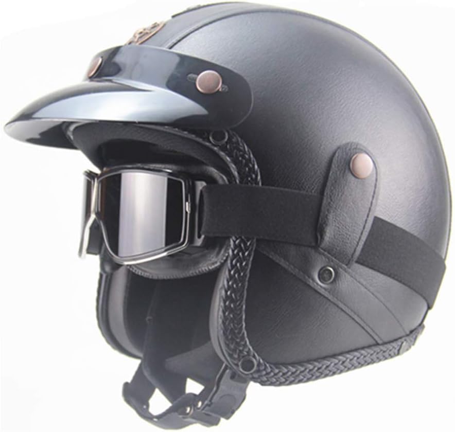 Casco de moto 3/4 de cuero PU CC13 negro para chopper y bicicleta en talla M