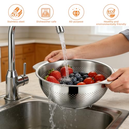 Image of Colanders & Food Strainers,Stainless Steel Colander,1 Pcs Kitchen Strainers(5QT),2mm Micropore Strainer for Pasta, Rice, Vegetables,Dishwasher Safe Metal Colander with Handles,Kitchen Gift