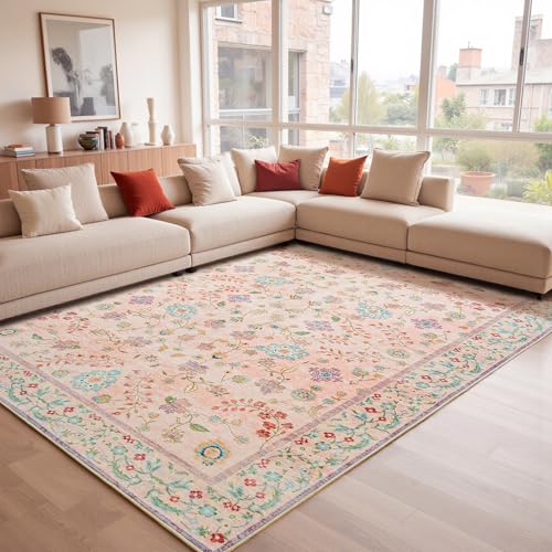 Tapete Floral Boho Lavable 5'x7' Rosa Pálido miniatura 2