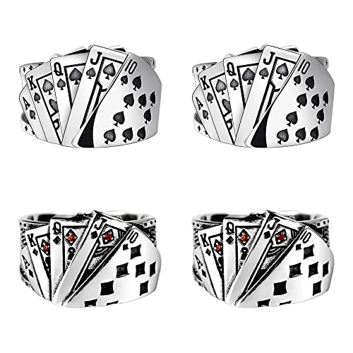 Liitata Lot de 4 bagues vintage punk Chunky Poker Carte Bague gothique Ouverture Cheville pour Homme et Femme - Cœurs K et Pik Argent