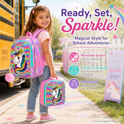 Image of CCJPX 3Pcs Unicorn Backpack for Girls, 16 inch Kids Sequin Bookbag with Lunch Box, Water Resistant Elementary School Bag for Kindergarten Preschool Toddler (Rainbow)