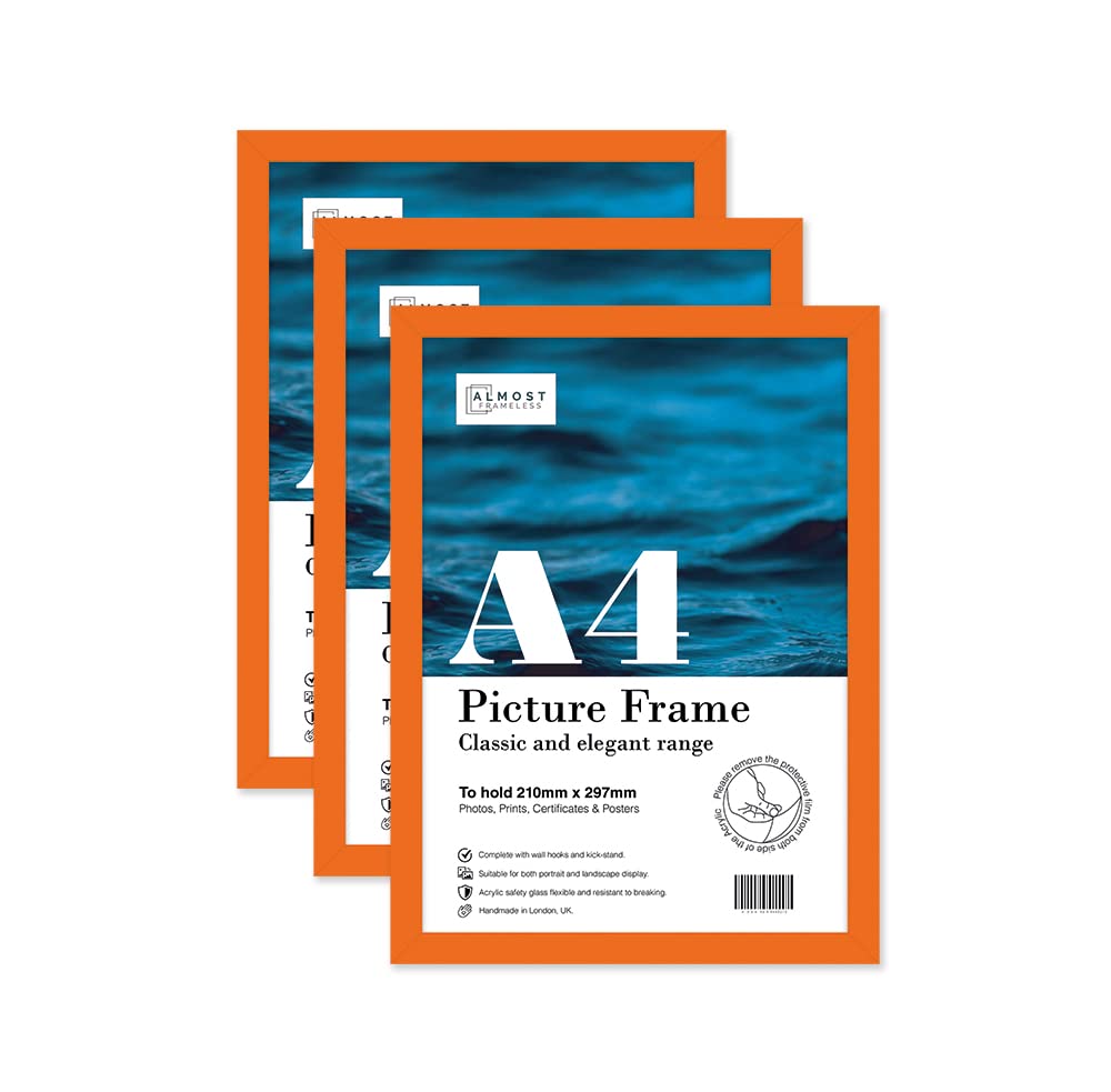 Almost Frameless A4 Orange Picture Frame Set of 3, Display A4 Picture Gallery Wall, Poster, Photo, Artwork, or Print, Orange