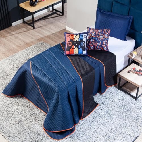 Kit Cobre Leito Colcha SOLTEIRO 04 Peças Gamer Day Preto/Azul Marinho Dupla Face com Almofadas Estam