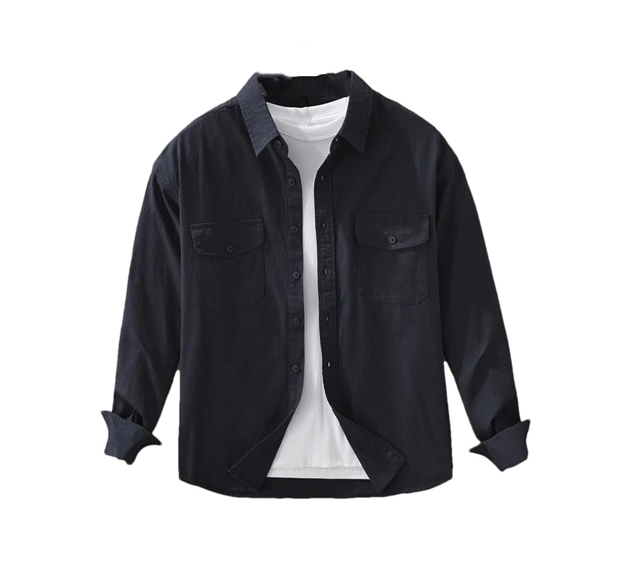 Camicia da lavoro da uomo a maniche lunghe, in cotone, vestibilità ampia, casual, con bottoni e due tasche frontali