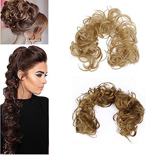 CLOTHOBEAUTY 2 Pcs Messy Hair Bun Extensions Wavy Curly Hair Donut Chignon Fake Ponytail, Synthetic Hair Rope Elastic Band Updo (Gold Brown-Gold)