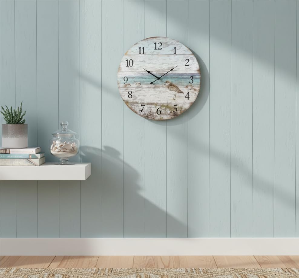 Young's Inc Wood Sand Piper Wall Clock - Wall Clocks for Living Room Decor - Functional and Decorative Beach, Lake, and Farmhouse Wall Clock - 23 W x 23 H