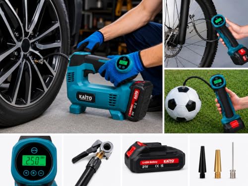 Image of KAITO Portable Tire Inflator Air Compressor 21 V Li-Ion Battery | | 130 PSI Max Pressure | Auto Shut-Off | LED Light | Cordless Design for Cars, Bikes & Balls
