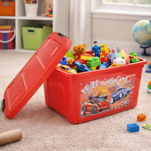 Image of Nayasa Toy Box Big Plastic Storage Box | Multipurpose Stackable Storage Box with Lid and Small Rolling Wheels | Ideal for Organizing Toys & Household Essentials | 50L | Red