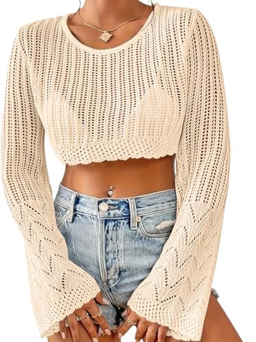 Women Crochet Sweater Lightweight Cropped Summer Tops Long Sleeve Hollow Out Knit Cover Up4