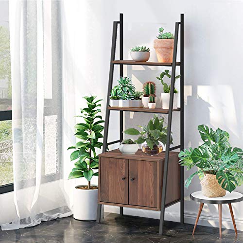 Tangkula 3 Shelf Ladder Bookshelf, Freestanding 3-Tier Wooden Bookcase with Doors, Multifunction Display Shelf, Plant Stand, Decor Furniture for Home Office (1, Walnut)
