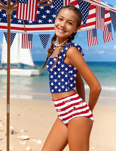 Image of Girls Tankini Swimsuit 2 Piece Bathing Suit Twist Cross Back Cutout Swim Tank Top Floral Print Swimwear for 7-18Y