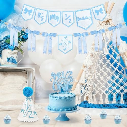 Image of 1 /2 Birthday Girl Half Birthday Decorations - blue Bow It's My 1 /2 Birth Banner, Glitter Cake Topper, Ribbon Bow Wood Bead High Chair Banner & Cone Hat, Halfway to One Baby Girl Party Supplies(Blue)