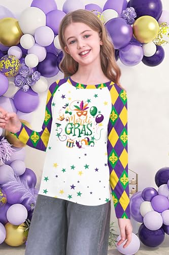 Image of Mardi Gras Shirt for Kids: Toddler Boys Girls Mardi Gras Long Sleeve Happy Carnival Outfits Mask Graphic Tee 4-12 Years