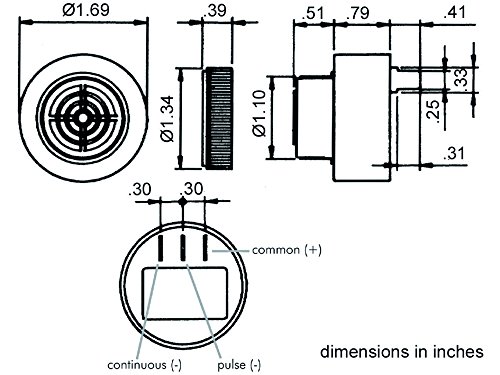 Technical drawing with dimensions of the Velleman SV10 Buzzer.
