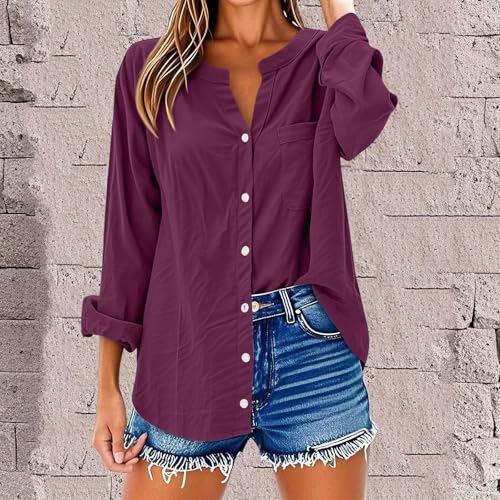 Autumn Cardigan Linen Shirts for Women Long Sleeve Buttons V Neck Boho Tops Solid Color Casual Blouses2