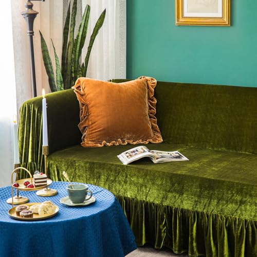 Glory Season RBSFJ2023 Velvet Sofa Cover Soft Decorative Luxurious Solid Exquisite Ruffle Trim,Retro Farmhouse Vintage Sofa Slipcover Couch Cover thumb #3