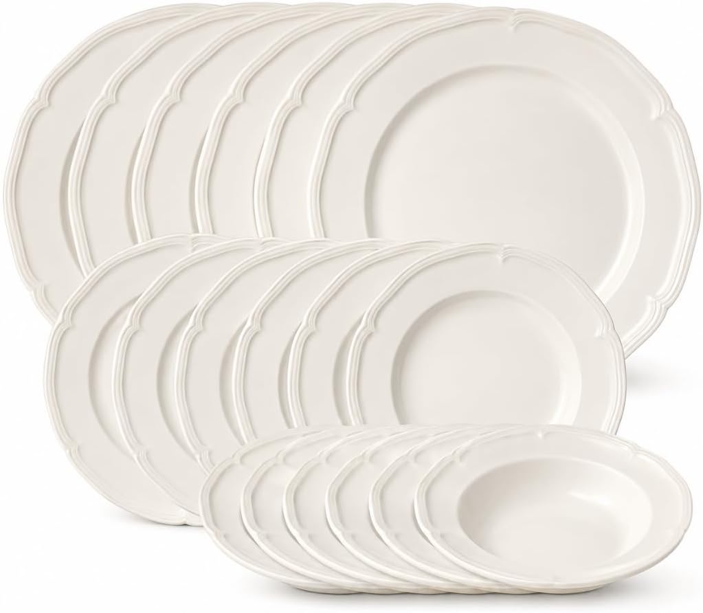 Manoir 18 Piece Dinnerware Set, Creamy White | Porcelain dinnerware set made in Germany with intricate relief and rims, dishwasher and microwave safe, set for six
