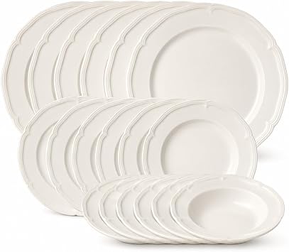 Villeroy & Boch Manoir 18 Piece Dinnerware Set, Creamy White | Porcelain dinnerware set made in Germany with intricate relief and rims, dishwasher and microwave safe, set for six