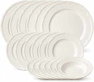Manoir 18 Piece Dinnerware Set, Creamy White | Porcelain dinnerware set made in Germany with intricate relief and rims, dishwasher and microwave safe, set for s