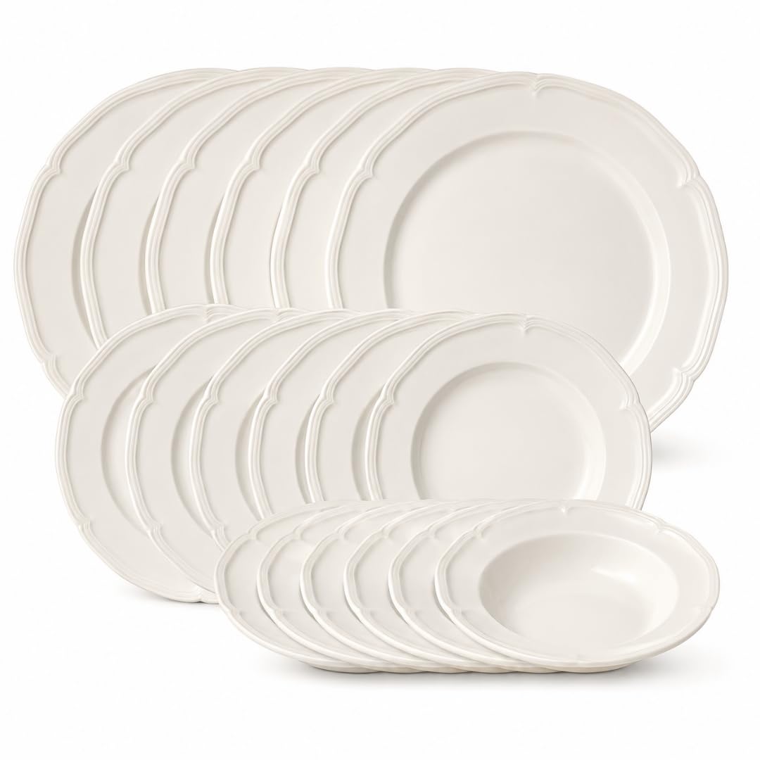 Villeroy & Boch Manoir 18-Piece Dinner Set Premium Porcelain Plates and Bowls Made in Germany White Large