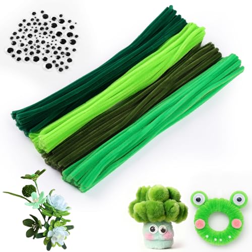 100 Stück Pfeifenreiniger 4 Verschiedene Grün Pfeifenputzer zum Basteln 6mm x 30cm Pipe Cleaner Chenilledraht mit 100 Selbstklebende Wackelaugen für Kreative DIY-Projekte