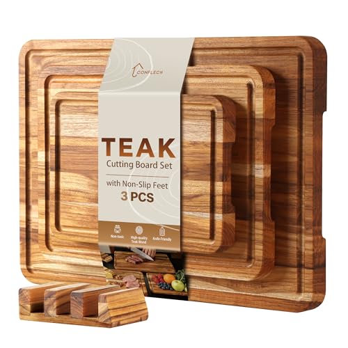 3 pack teak cutting board set for kitchen wood charcuterie board with juice groove wooden cutting boards non toxic heavy duty slip over sink solid thick chopping board fsc