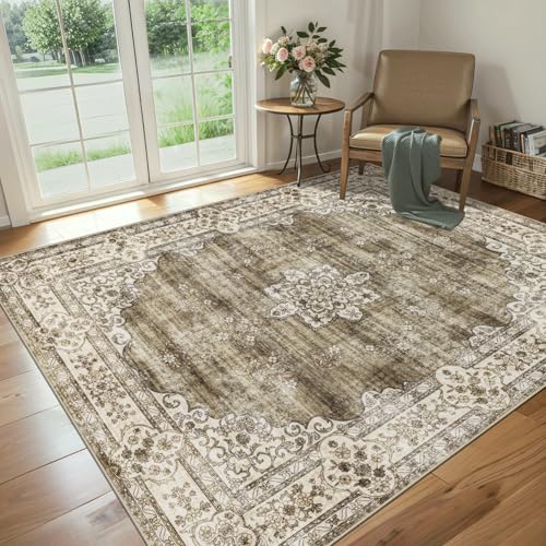 Area Rugs 9x12 Living Room: Washable Rug Vintage Large Soft Boho Floral Non-Slip Carpet Indoor Floor Stain Resistant Thin Carpets for Bedroom Dining Room Farmhouse Nursery Home Office - Brown Grey