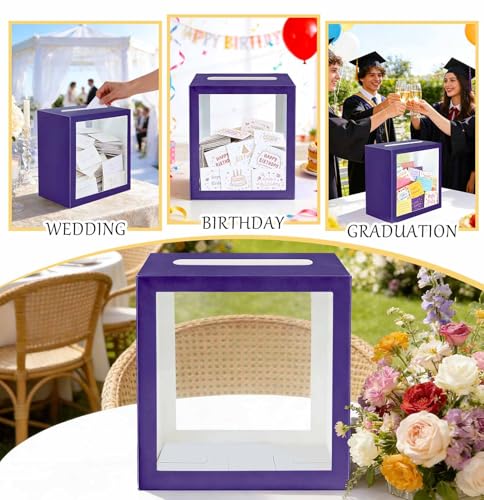 Image of SietDESEO Purple Card Box for Party with Clear Window Large Gift Card Box Holder for Wedding Reception Birthday Graduation Baby Shower Raffle Ticket Box