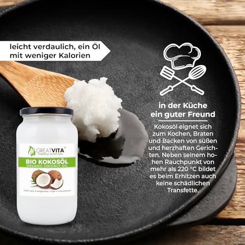 GreatVita Bio Kokosöl, nativ, 1000 ml im Glas zum Kochen Braten Backen