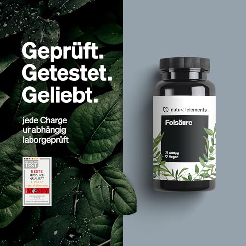 natural elements Folsäure – 400 Tabletten – 400 mcg pro Tagesdosis – Kinderwunsch und Schwangerschaft – vegan, hochdosiert, ohne unnötige Zusätze – in Deutschland produziert & laborgeprüft