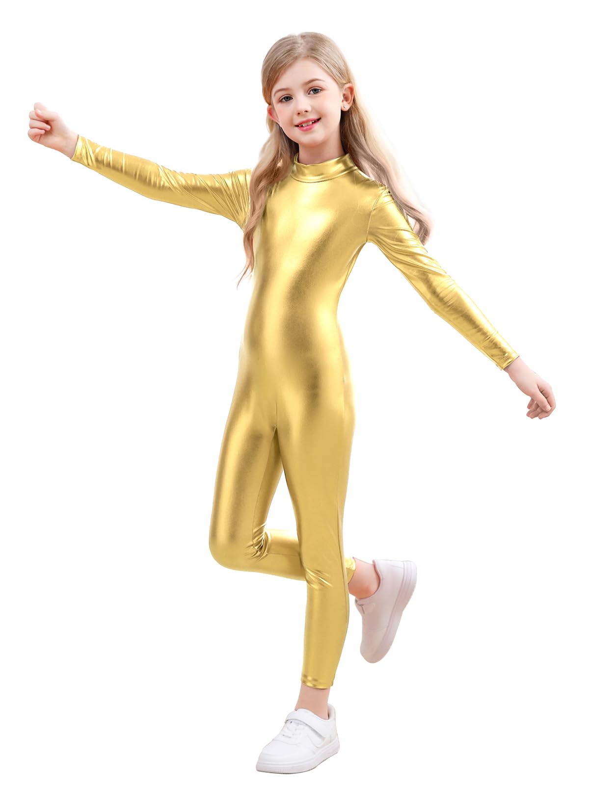 Girls Shiny Metallic Unitard Long Sleeve Leotard Turtleneck Kids Bodysuit for Costume Dance 3-12 Years