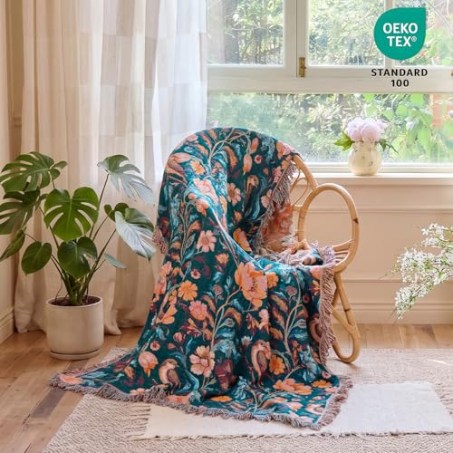 Image of MSGKV Boho Throw Blanket 60 inchx80 inch Fall Vintage Cotton Birds Floral Blanket