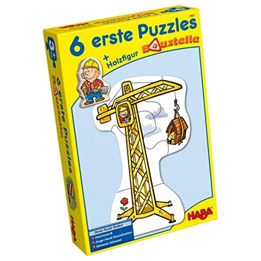 Haba 3901 - 6 erste Puzzles Baustelle, Puzzle mit 6 lustigen Baustellenmotiven für Kinder ab 2 Jahren, mit Bauarbeiterholzfigur zum freien Spielen