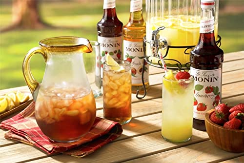 Monin Flavored Syrup, Peach, 33.8-Ounce Plastic Bottles (Pack Of 4) With Pat's Food Service Coasters #TOP3